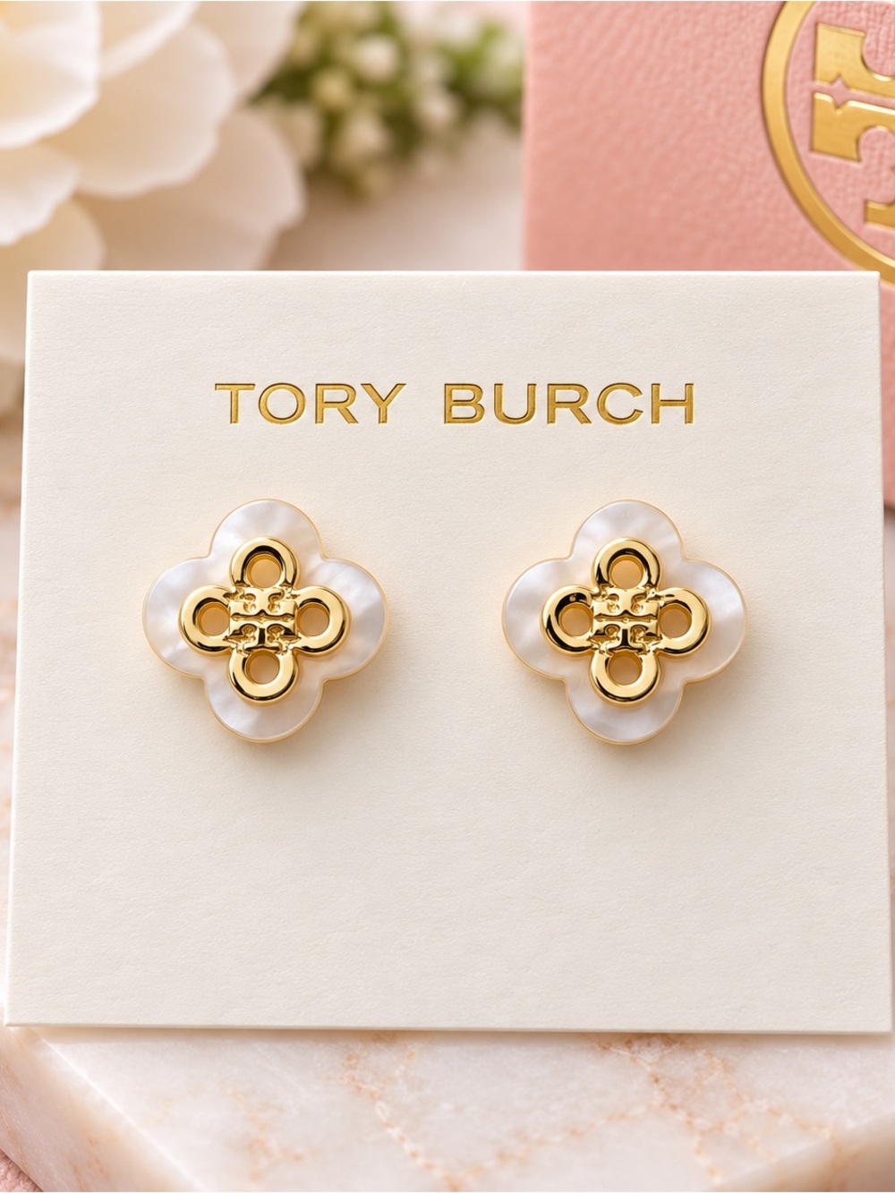 Tory Burch Gold and Pearl-White Clover Stud Earrings
